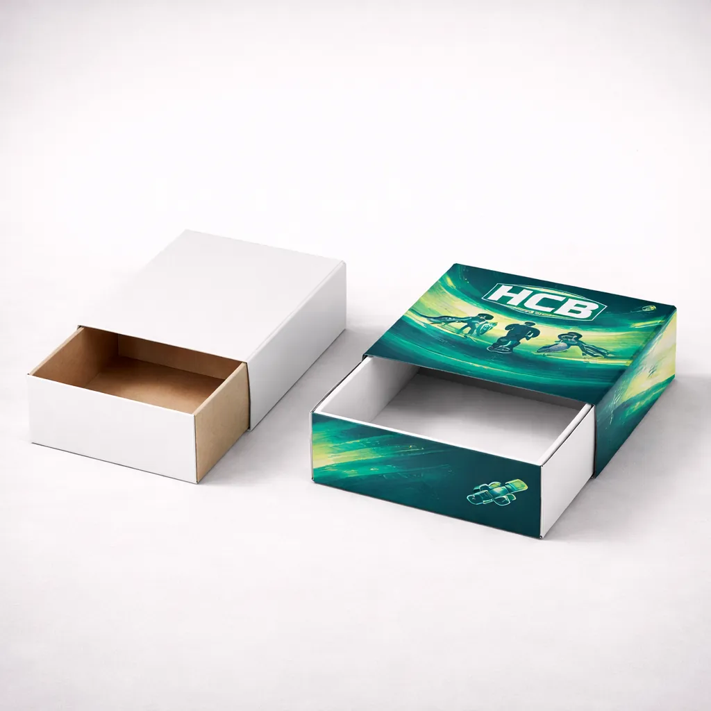 Two-piece rigid gift boxes with lids, featuring a minimalist white design and a branded teal version. class=